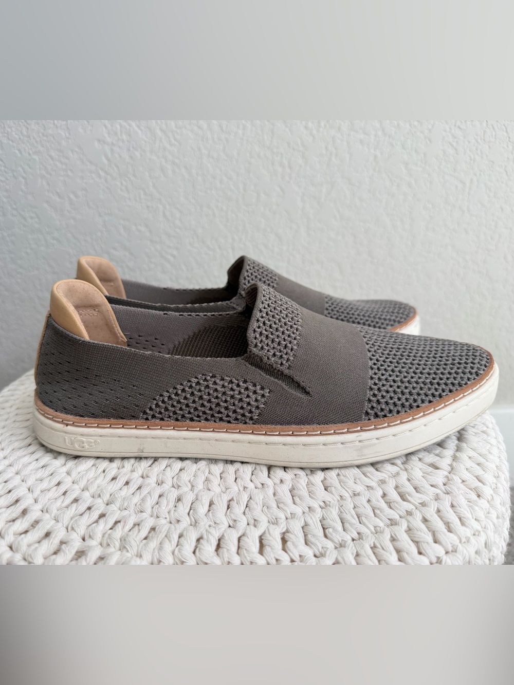 UGG Women’s Gray Knit Slip-On Loafers with Tan Heel Accent